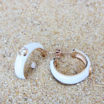 Diamond on White Enamel and 14K Rose Gold Earring
