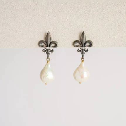 Baroque Pearl Dangle Fleur de Lis Earrings